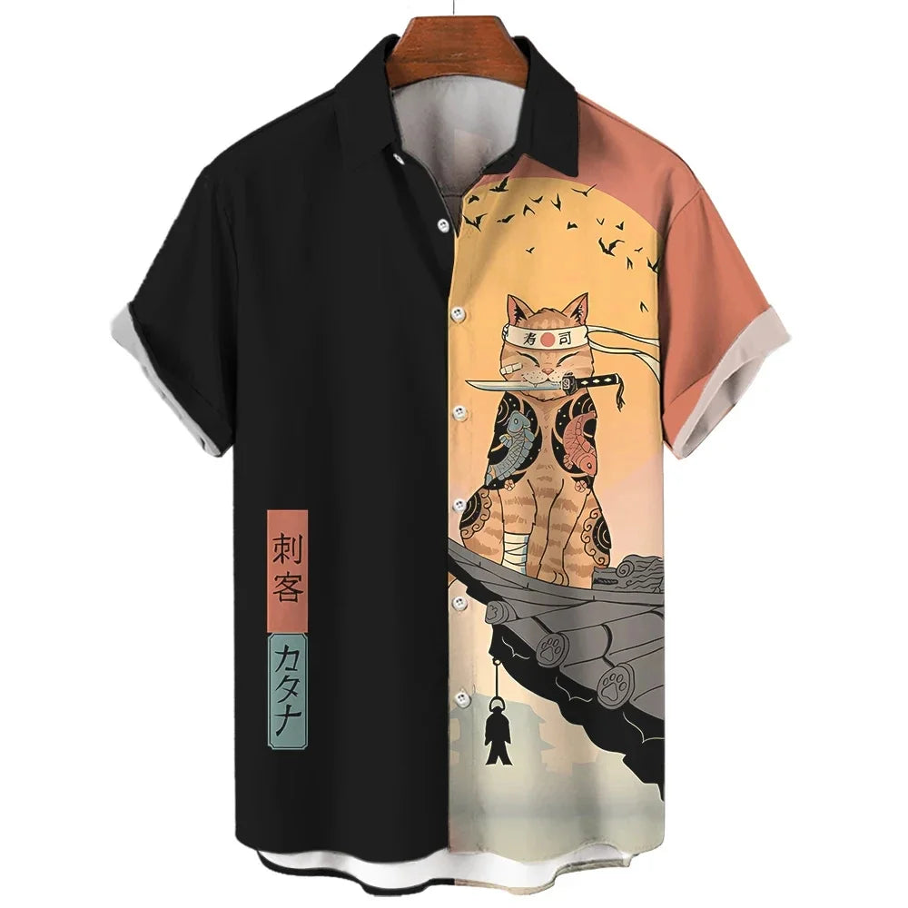 Cool Samurai Cat Tops Summer New Men's Clothing Casual Short-Sleeved Anime Loose Blouse Hawaiian Shirts 2