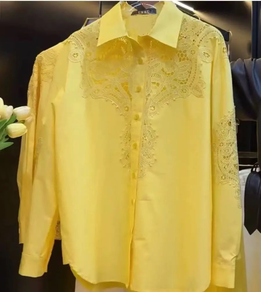 Luxury Brand Sparkle Sequins Hollow Out Lace Embroidery Cotton Blouses Shirts for Women 2025 Trend Long Sleeve Loose Casual Top 6