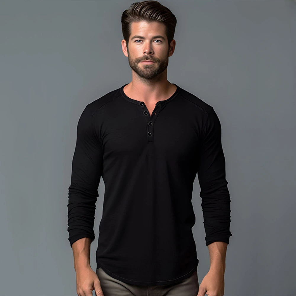 Men Long Sleeved T-shirt Cotton Slim Fit Bottoming Shirt Fitness Tops Tees Button Neck Casual Cozy Tshirt 5
