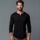 Men Long Sleeved T-shirt Cotton Slim Fit Bottoming Shirt Fitness Tops Tees Button Neck Casual Cozy Tshirt 5
