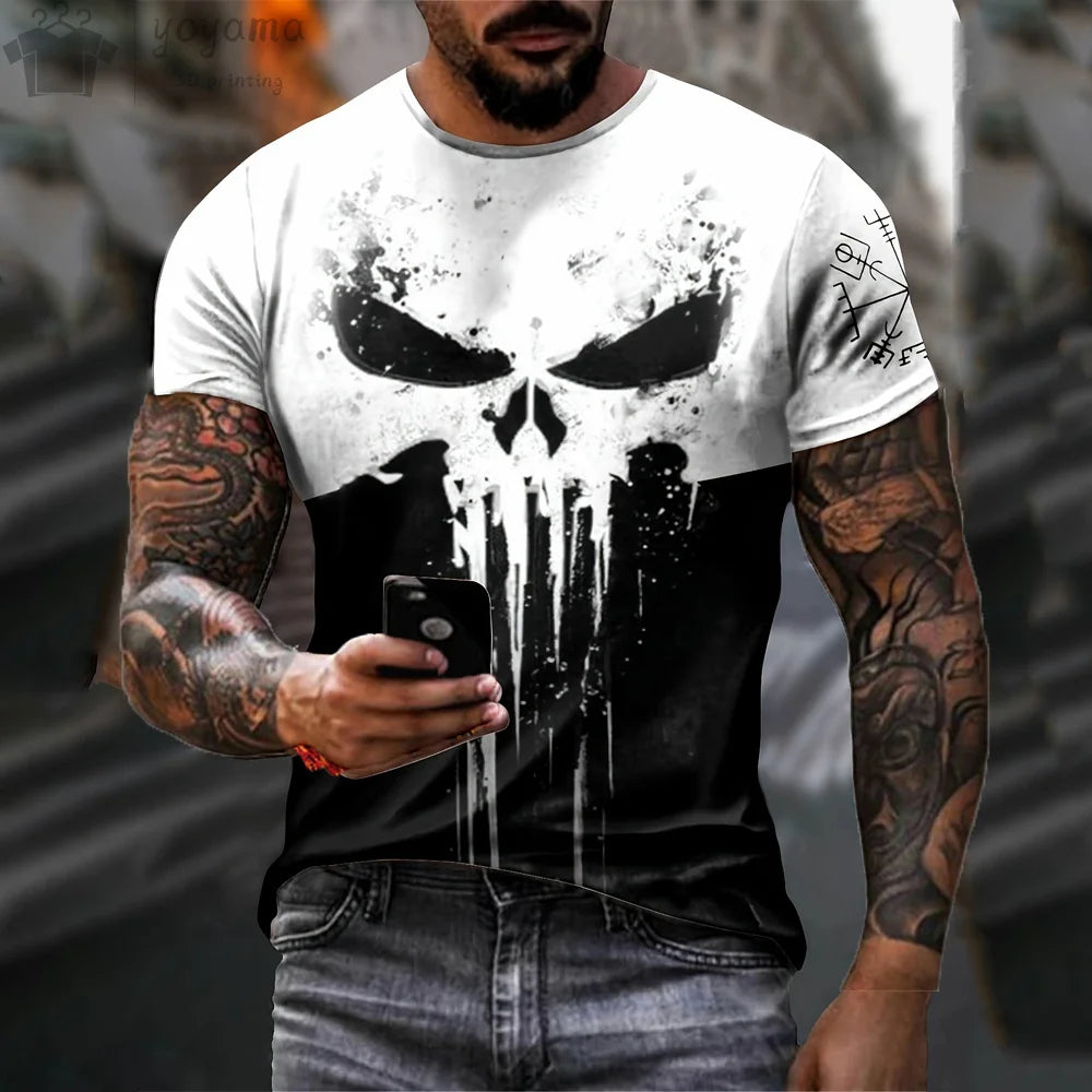 Men T Shirt 3d Print Military Patriotic Skull O-Neck T Shirt Oversized Short-Sleeved