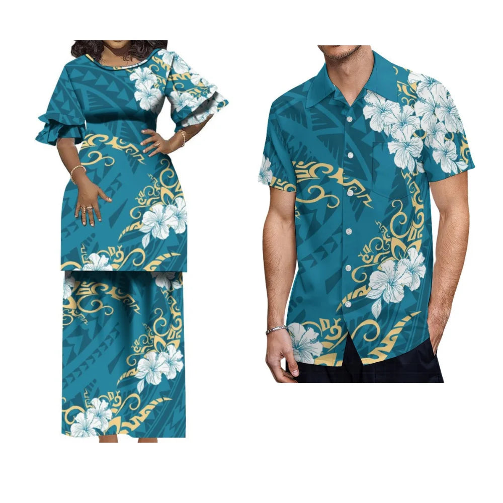 Matching Hawaiian Style Couple's Outfit: Women's Long Puletasi & Men's Summer Shirt