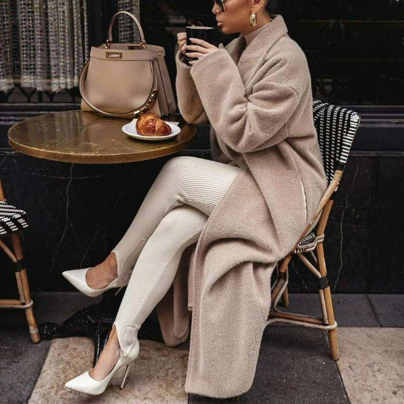 Women Wool Coat Turn Down Collar Solid Long Jacket Single Button Warm Thick Blends Pocket Full Sleeve Jacket Autumn Winter