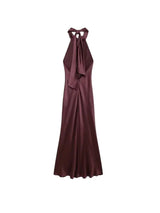 Women's Long Satin Halter Dress, Backless, Bow Tied, Back Zipper, Female Dresses, Sexy Fashion 3