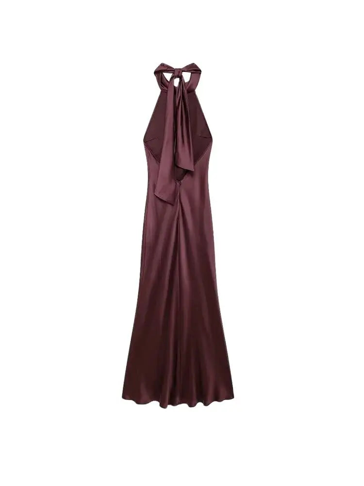 Women's Long Satin Halter Dress, Backless, Bow Tied, Back Zipper, Female Dresses, Sexy Fashion 3