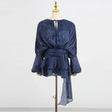 GALCAUR Solid Loose Splicd Lace Up Dresses For Women V Neck Long Sleeves Patchwork Ruffles Tunic Dreses Female Fashio New