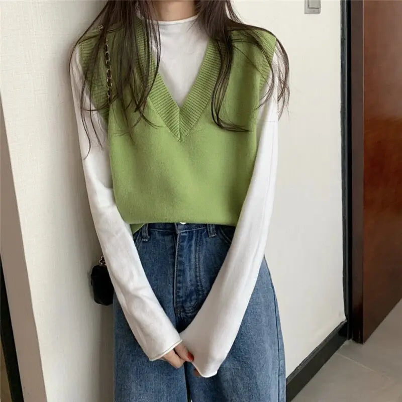 Sweater Vest Women Solid Autumn Winter All-match Leisure Outerwear Knitted V-Neck Sleeveless Female Elegant Chic Simple Harajuku 10