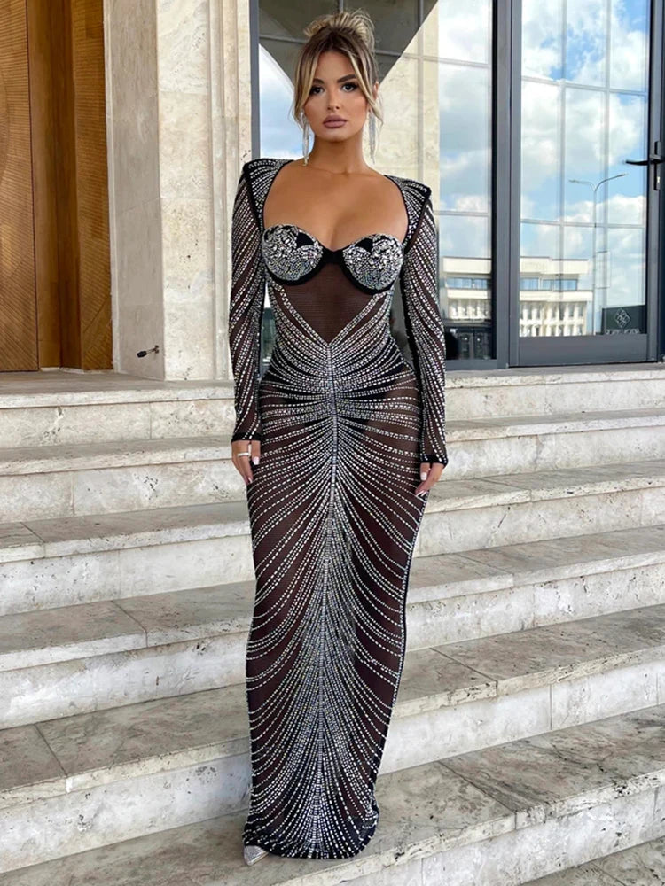 Women's Glitter Mesh See Through Maxi Dress - Sexy Bodycon Party Club Evening Dress 6