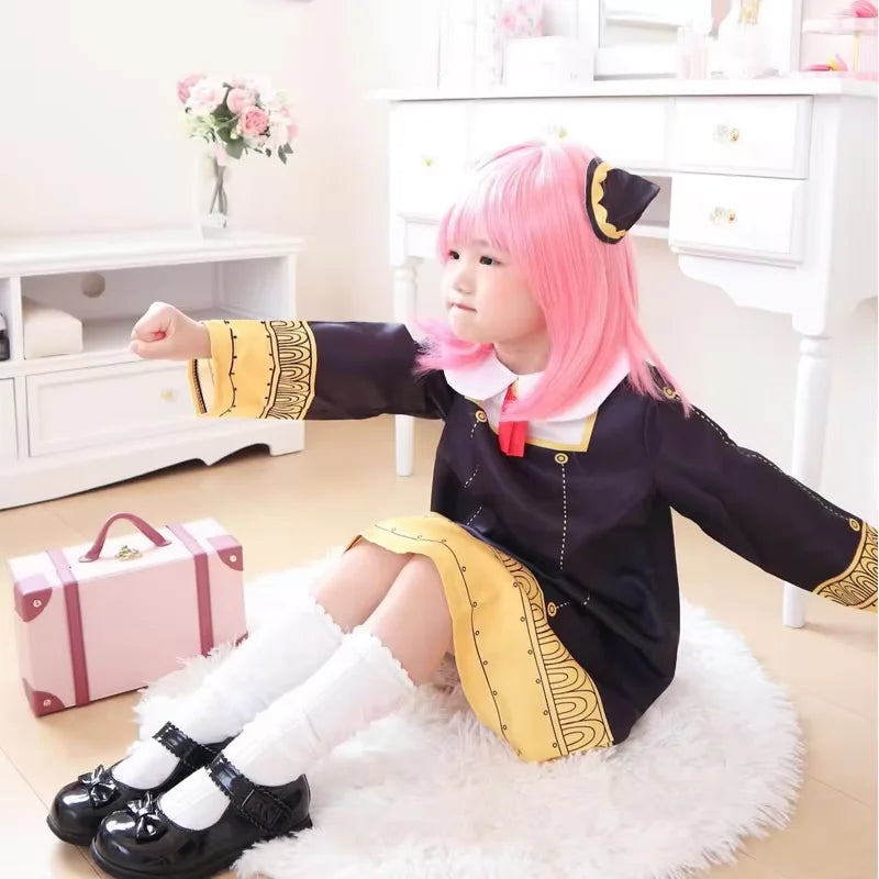 Anime SPY X FAMILY Anya Forger Cosplay Costume Black Dress Uniform Child Girls Pink Wig Stockings Party Role Outfit Adults Kids 3