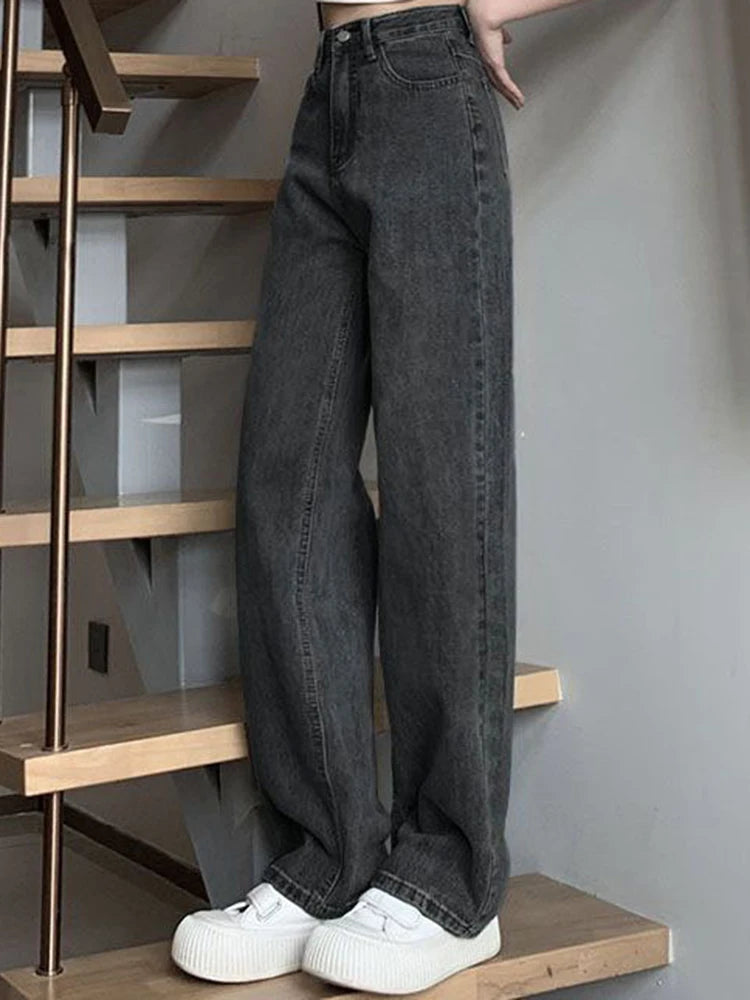 Girls High Waist Wide Leg Jeans Lady High Street Denim Straight Leg Pants Female Retro Blue Light Blue Black Gray Pink Trousers 6