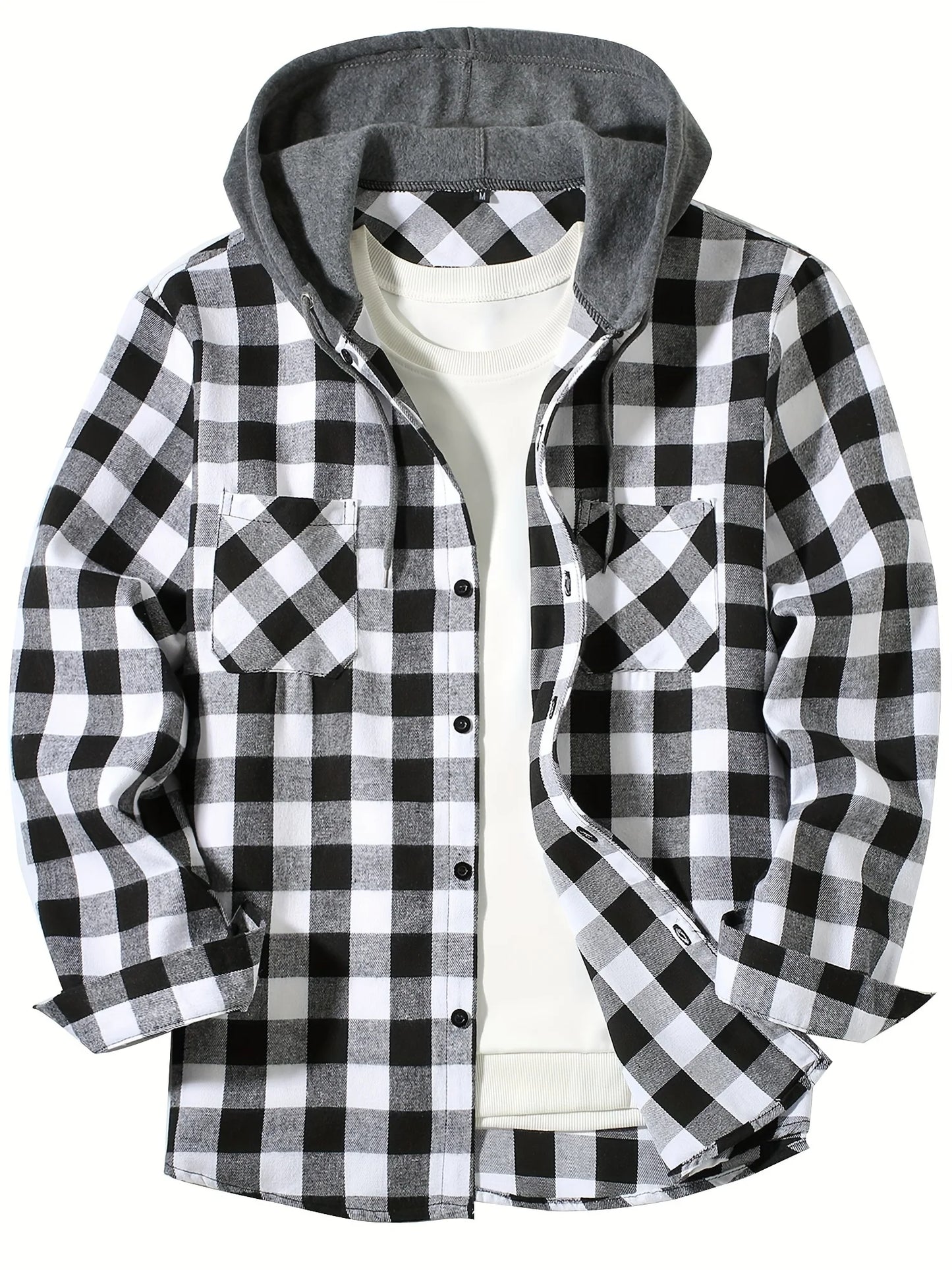 Men's Loose Plaid Hooded Shirt Large Size Fashion Casual Long sleeved Shirt Street StyleS-3XL 5