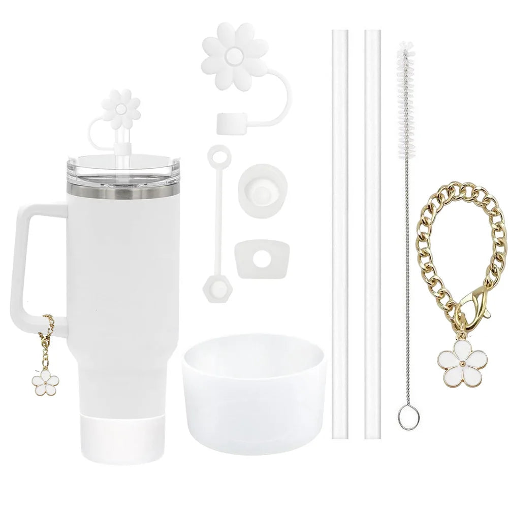 9pcs Accessories Set 3 Spill Proof Stopper Flowers Straw Cover Boot 2 Straw and Brush and 1 Flower Charm Chain for Stanley Cup 2