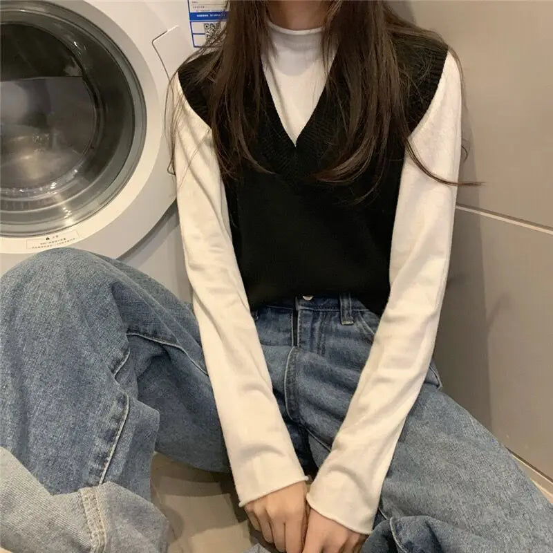 Sweater Vest Women Solid Autumn Winter All-match Leisure Outerwear Knitted V-Neck Sleeveless Female Elegant Chic Simple Harajuku 6
