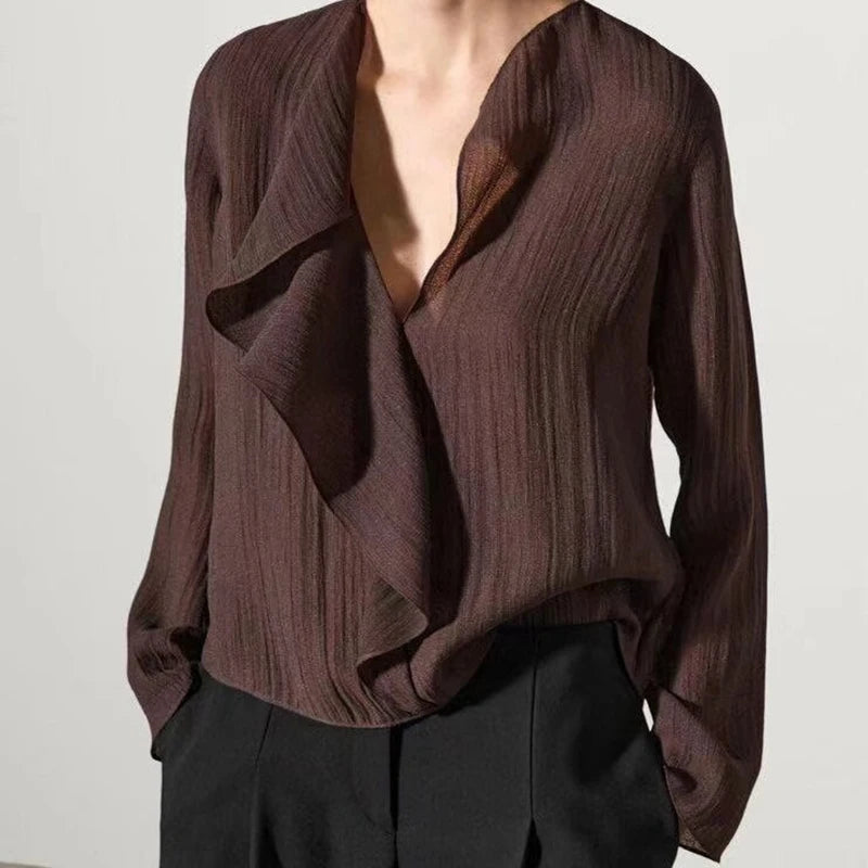 YENKYE Spring 2025 Women Brown Long Sleeve V Neck Ruffle Shirt Office Casual Blouse Blusas Mujer 3