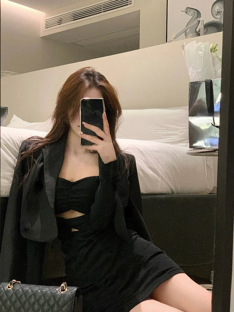 Black Bodycon Dress Women 2022 Autumn Long Sleeve Short Party Dress Office Lady Pure Color Elegant Vintage Y2k Mini Dress Korean 5