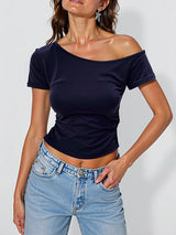 100% Ribbed Cotton Summer Off shoulder Top Women Slim fit Body Summer  Short sleeve T shirt  Female Sexy Basic Tees Korean Chic 2