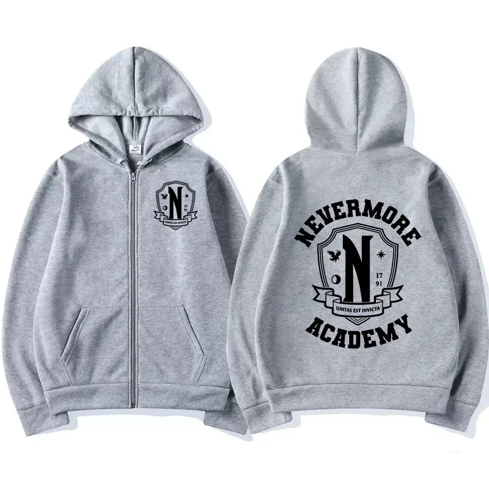 Men Women Nevermore Academy Logo Print Graphic Zipper Hoodie Casual Long Sleeve Harajuku Oversized Zip Up Coats Hoodies 3