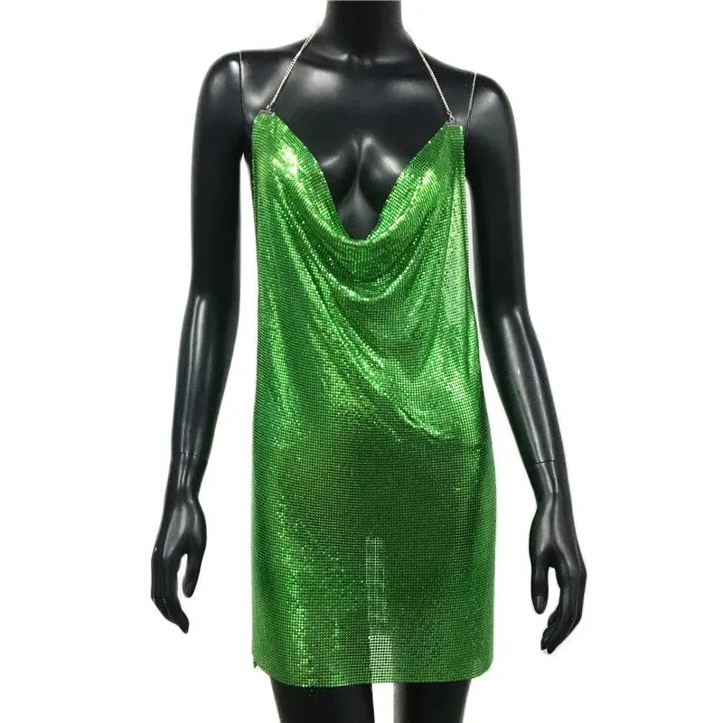 2024 Sexy Clubwear Backless Sequin Short Dress For Women Cocktail Metalic Split Mesh Harness Body Chain Club Low Cut Mini Dress 17