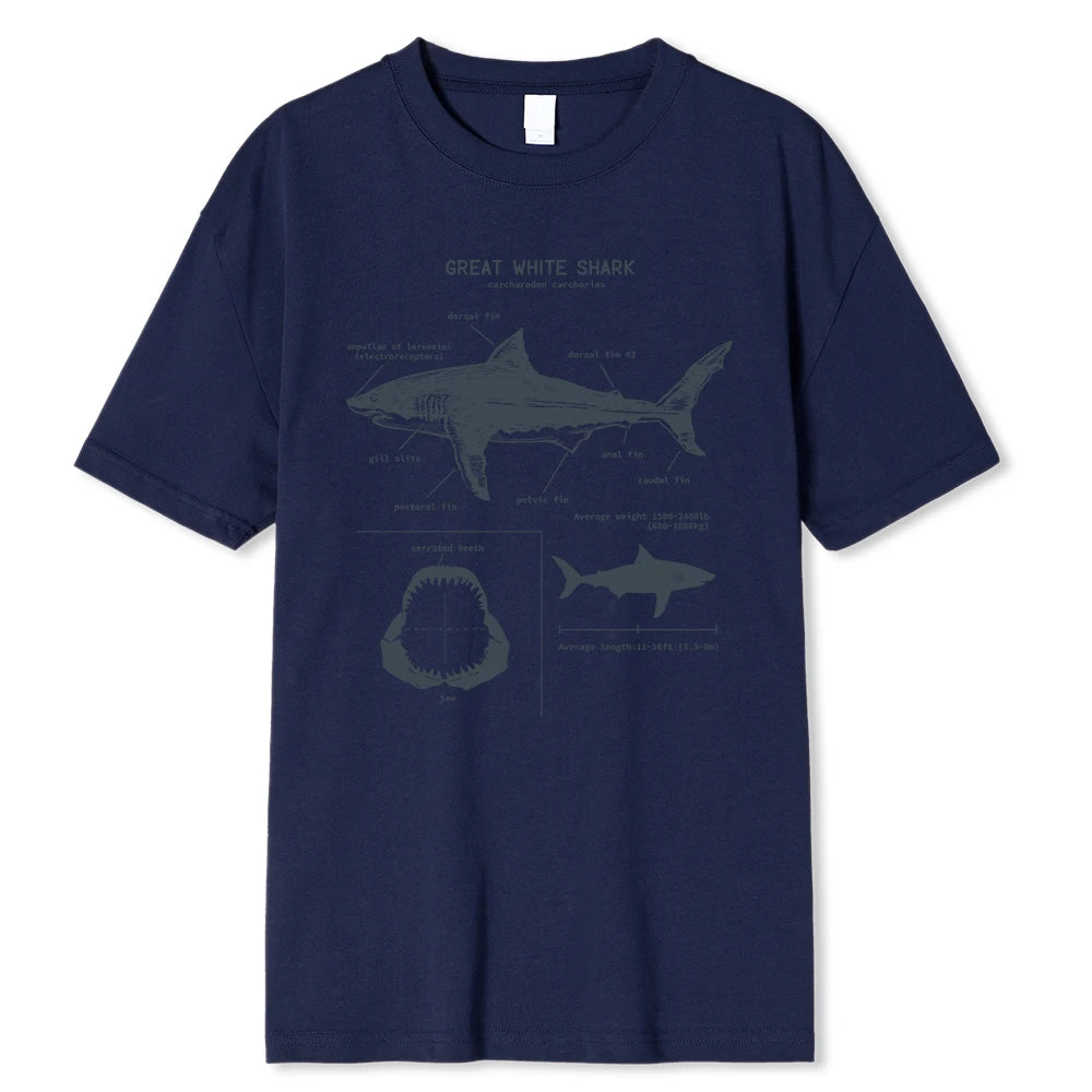Great White Shark Anatomy T-Shirt New Summer Men Street Short Sleeve Hip Hop Punk Style Boy Casual Tops Fashion White Tees