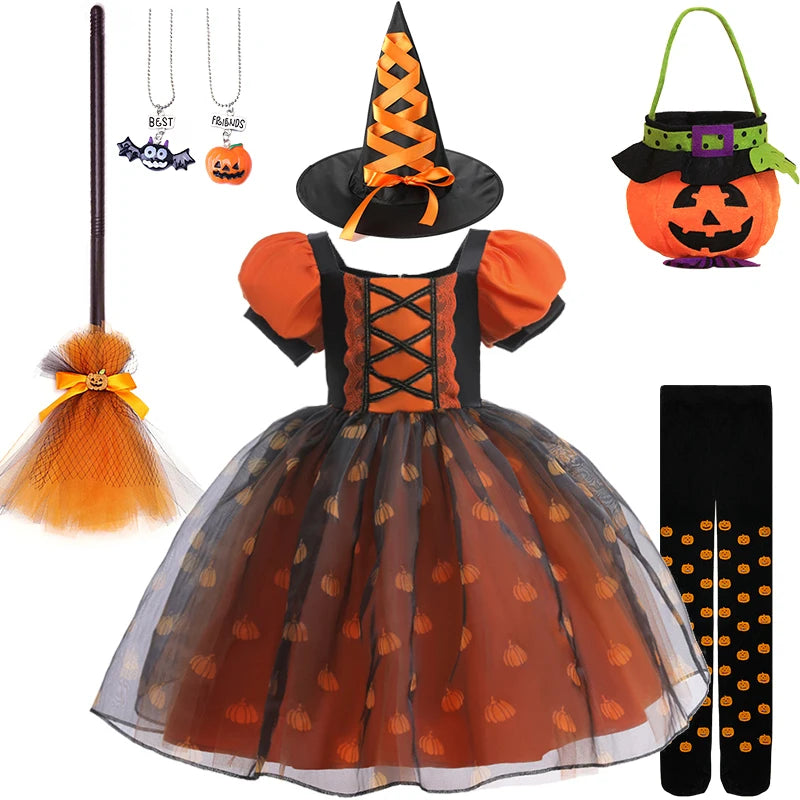 Girls' Halloween Pumpkin Witch Princess Dress