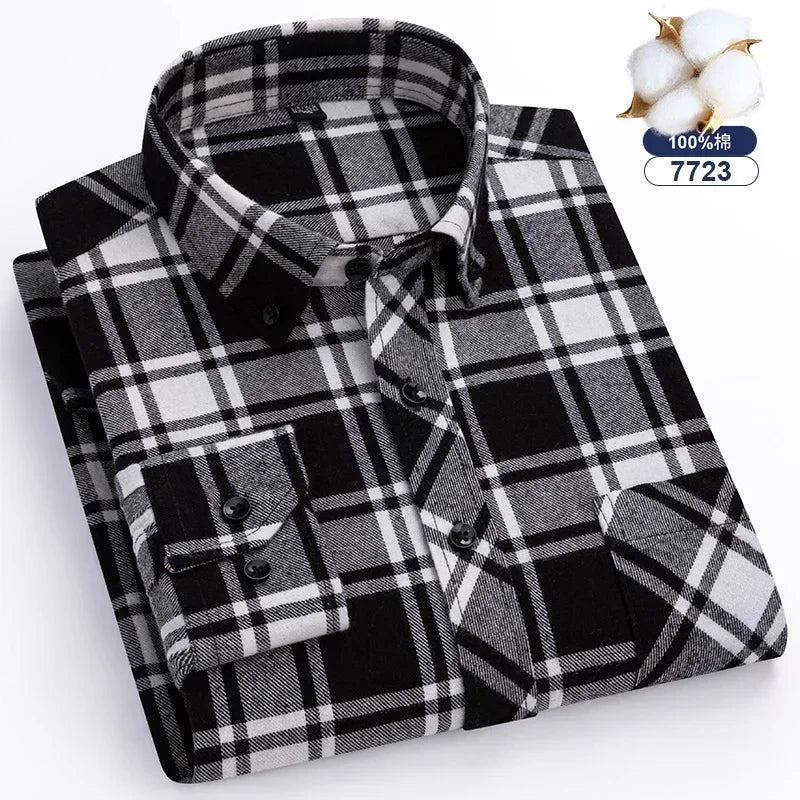 Autumn-Thick-Flannel-Shirt-Plaid-Shirts-Standard-Fit-For-Men-Long-Sleeve-Pure-Cotton-Fashion-Single