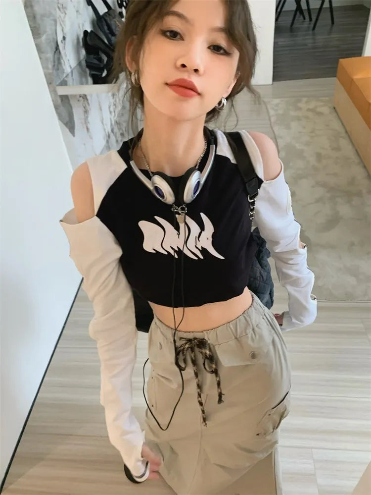 Kpop Fashion 2023 Contrast Crop Tshirt Women Y2K Hollow Out Long Sleeve Tee Summer Harajuku Casual Streetwear Sexy Slim Crop Top 6