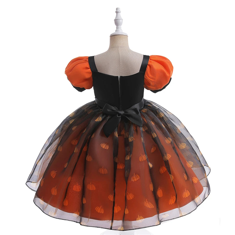 Fancy Girl Halloween Disguised Child Pumpkin Print Witch Princess Dress Children Cosplay Masquerade Party Performance Clothing 4