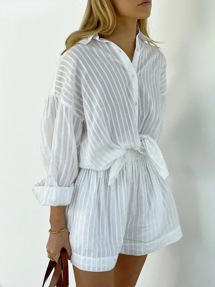 Wolfeel Casual Shorts Sets Striped Jacquard 2 Pieces Cozy Lapel Lantern Sleeve Shirt Summer Outfit Elastic Waist Shorts Suits 6