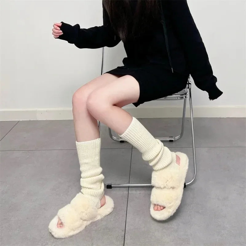 New Japanese Lolita Y2k Solid Color Leg Warmers Women Hollowed Out Foot Heel Warm Knitted Knee High Socks Legging Gaiters Cover 4