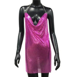2024 Sexy Clubwear Backless Sequin Short Dress For Women Cocktail Metalic Split Mesh Harness Body Chain Club Low Cut Mini Dress 14