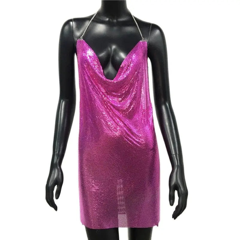 2024 Sexy Clubwear Backless Sequin Short Dress For Women Cocktail Metalic Split Mesh Harness Body Chain Club Low Cut Mini Dress 14