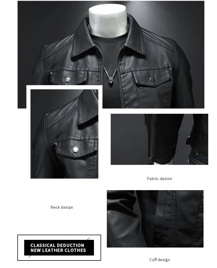 Men's lapel leather jacket autumn oversized slim motorcycle riding suit winter thickened PU leather waterproof work clothes 5
