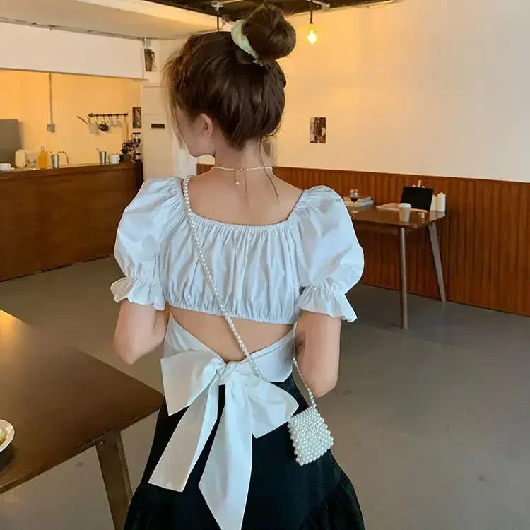 Women’s French Bow Puff-Sleeve Blouse
