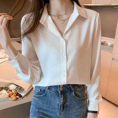 V-Neck Classic Button-Up Blouse