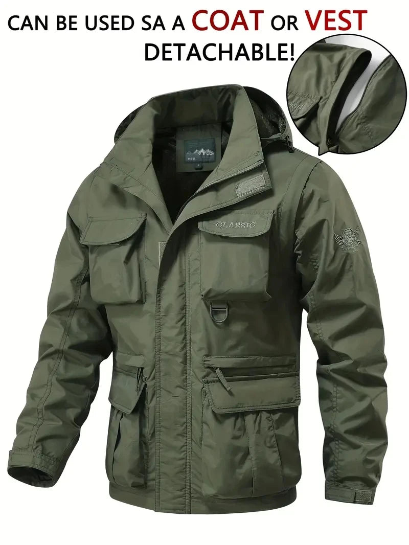 Detachable windproof sleeved hooded jacket suitable for outdoor activities men's casual waterproof multi pocket jacket vest