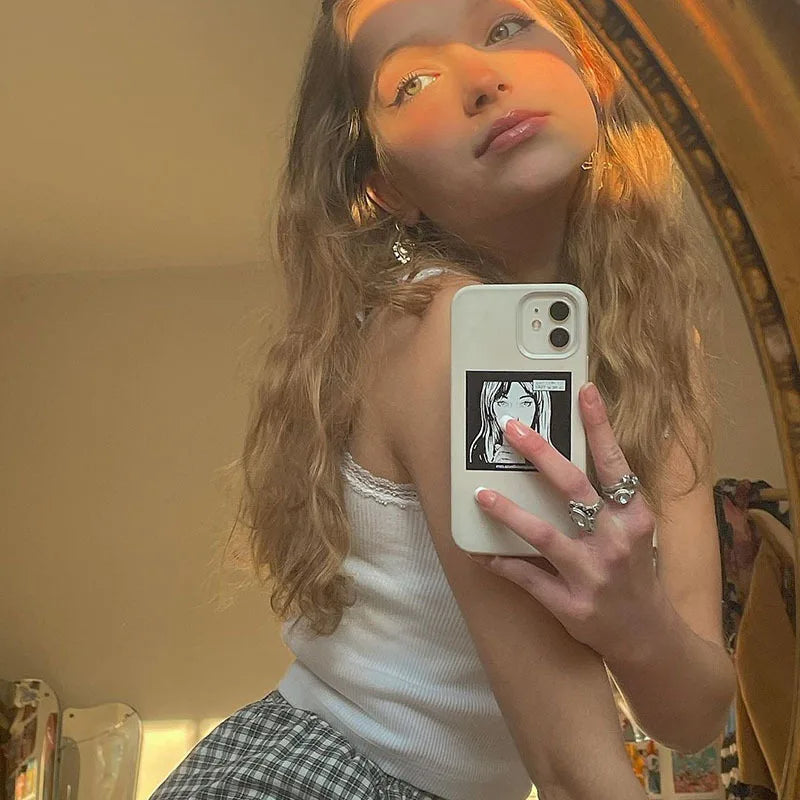 Cartoon Printed Lace Trim White Crop Top Fairy Grunge Summer Clothes for Women Cute Slim Fit Ribbed Tank Tops 3