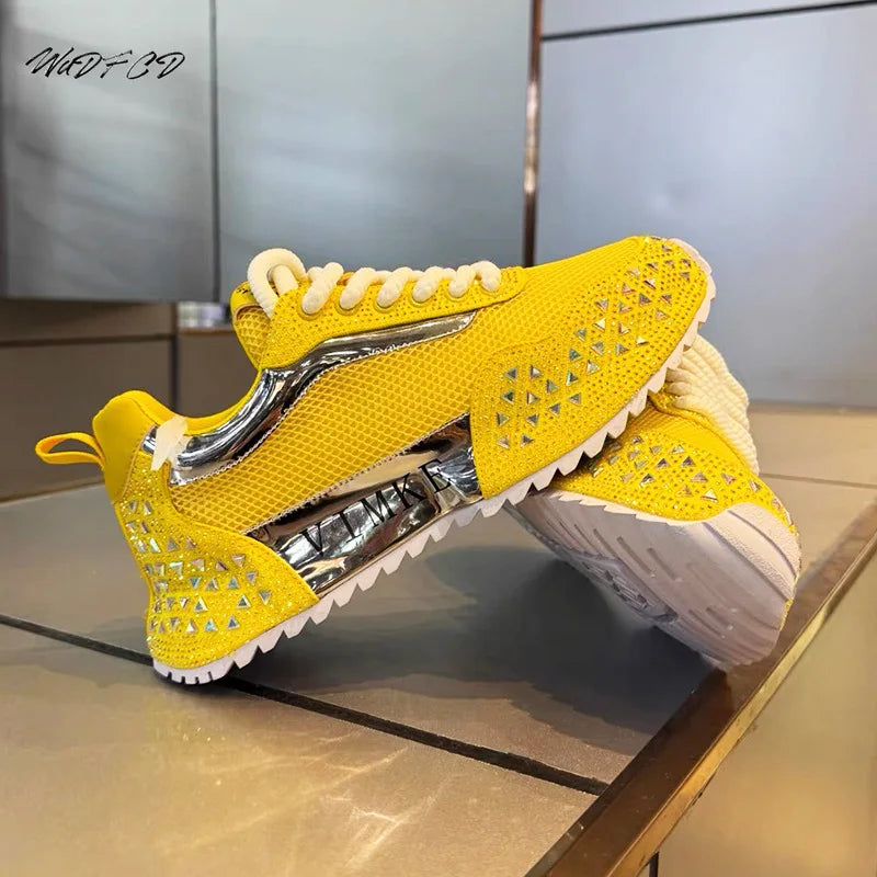 Chunky Sneakers Men Designer Bling Punk Board Shoes Fashion Casual Leather Mesh Breathable Increased Internal Platform Gym Shoes 2