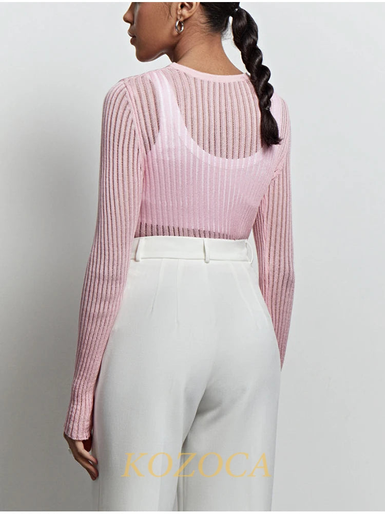 Kozoca Fashion White Elegant Striped See Through Women Tops Outfits Long Sleeve T-Shirts Tees Skinny Club Party Chic Clothes 2