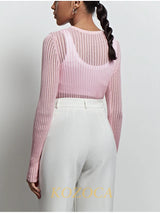 Kozoca Fashion White Elegant Striped See Through Women Tops Outfits Long Sleeve T-Shirts Tees Skinny Club Party Chic Clothes 2
