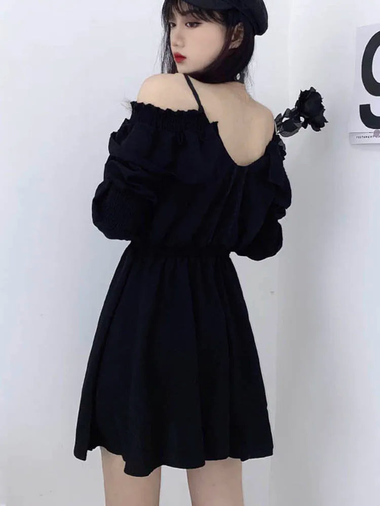 JMPRS Large Size Gothic Women Black Mini Dress Sexy Off Shoulder High Waist Tunic Ladies Party Dress Long Sleeve V Neck Vestidos 6
