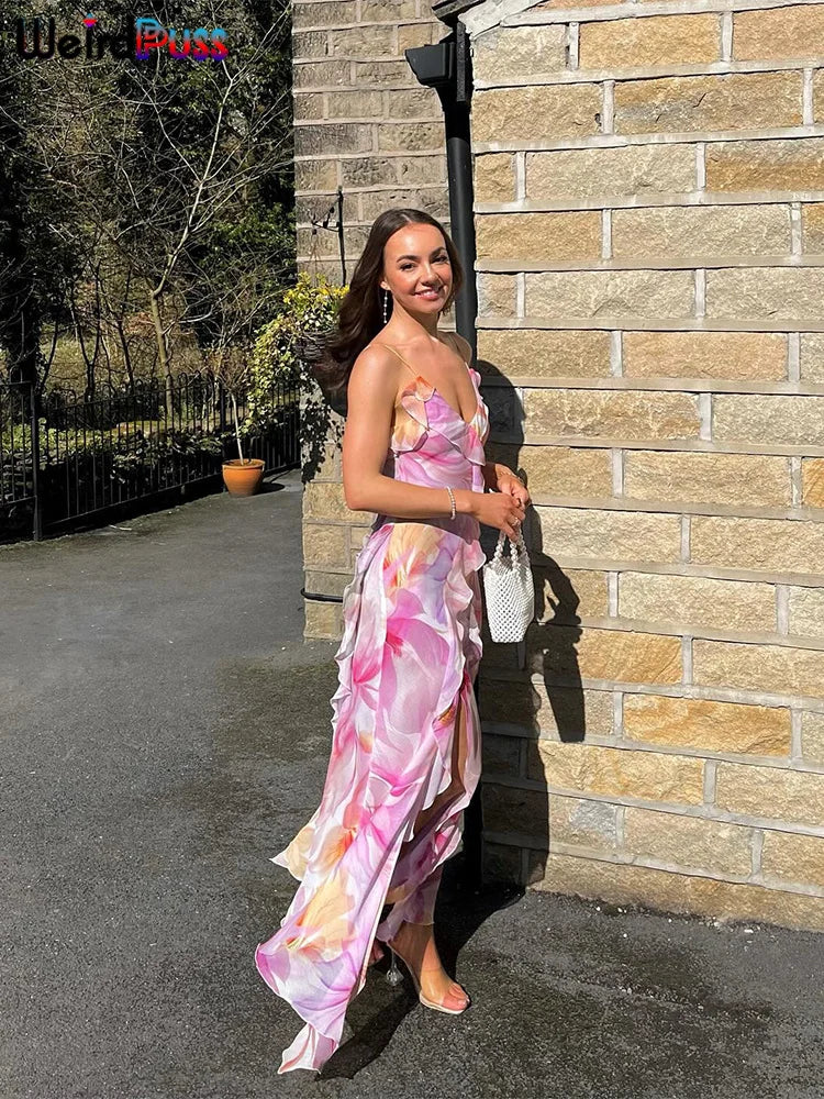 Weird Puss Flower Print Dress Woman Summer Strapless Splits Irregular Tassel Patchwork Backless Bandage Party Skinny Vestidos 2