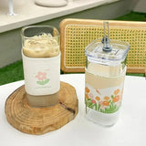 1Pcs Square Heat Resistant Coffee Glass Cup With Lid and Straw Transparent Milk Tea Juice Cups Coffee Mug For Home Bar Drinkware 5