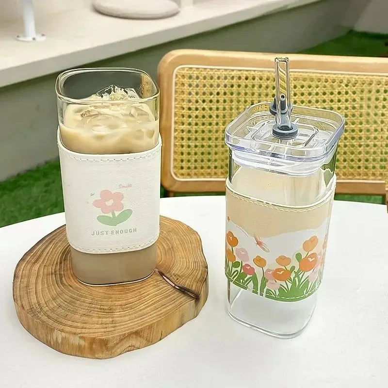 1Pcs Square Heat Resistant Coffee Glass Cup With Lid and Straw Transparent Milk Tea Juice Cups Coffee Mug For Home Bar Drinkware 5