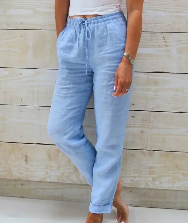 Cotton Linen Summer Pants for Women High Waist Elastic Casual Trousers Streetwear Solid Female Clothes 2024 Loose Pencil Pants 2