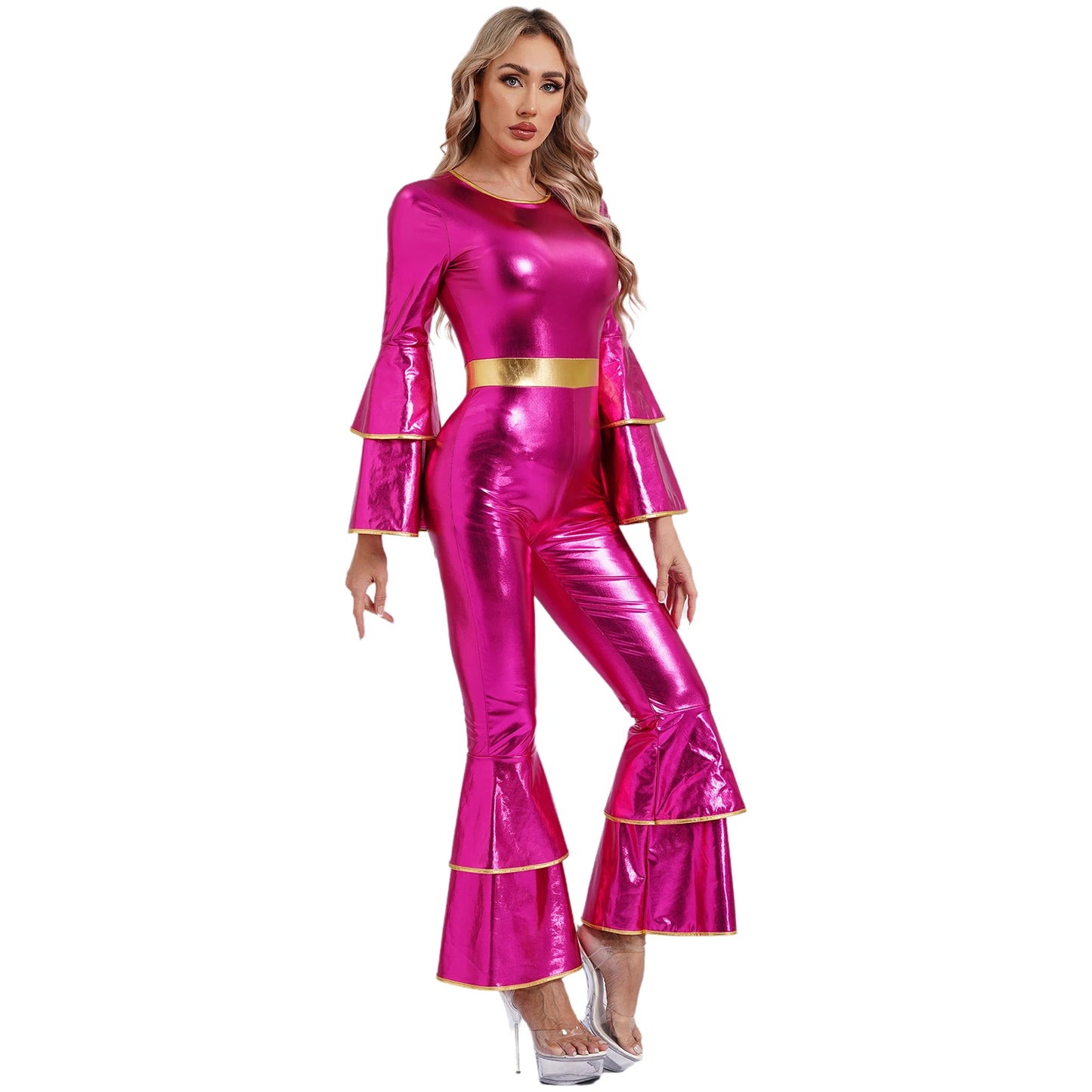 Women's 70s Disco Jumpsuit | Metallic Shiny Bell Bottom Jumpsuit | Halloween Costume, Rave Outfit 1