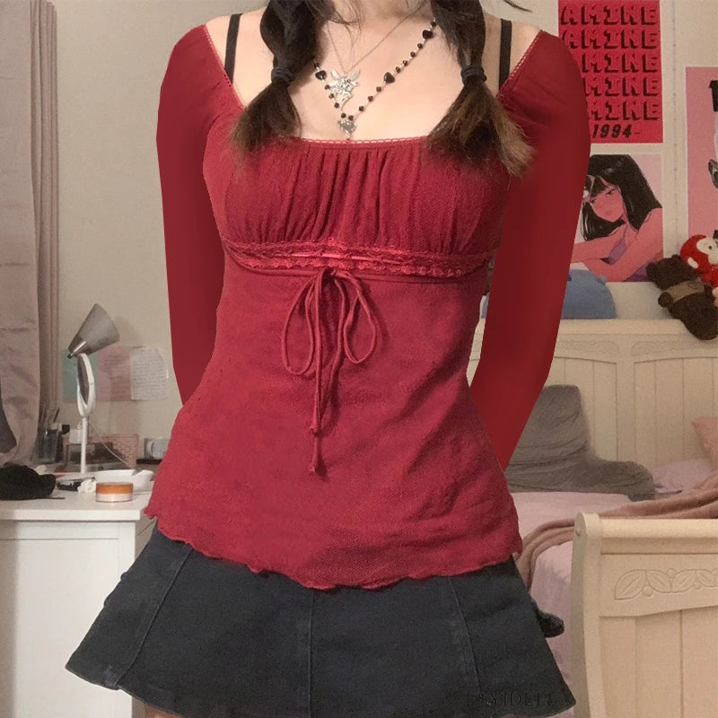 Xingqing-2000s-Aesthetic-Sweet-Lace-Tops-Women-Off-Shoulder-Drawstring-T-shirt-Korean-Fashion-Female-Tee