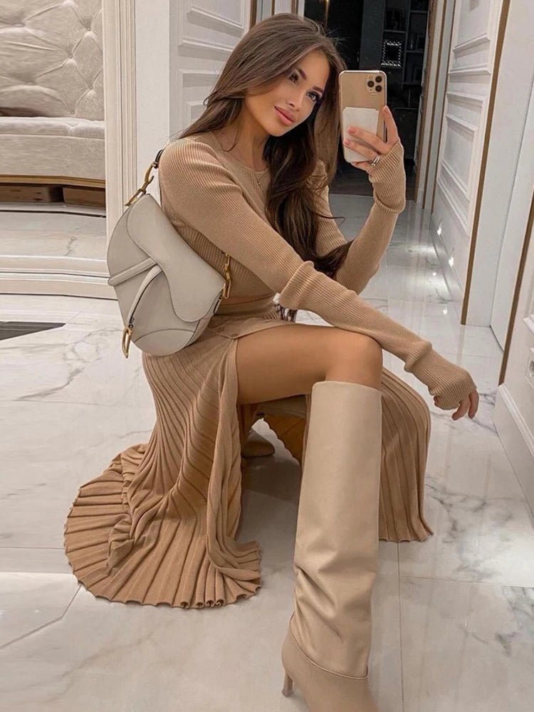 Cryptographic Solid Sexy Sweater Cropped Top Midi Skirt Two Piece Set Women Matching Set Outfits Button Up Split Skirts Winter 2