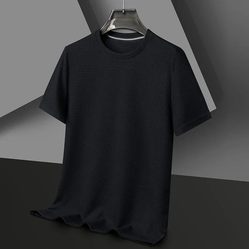 Men's New Summer Waffle round Neck Short Sleeve T-Shirt Comfortable Breathable Short-Sleeved Top for Casual Wear 6