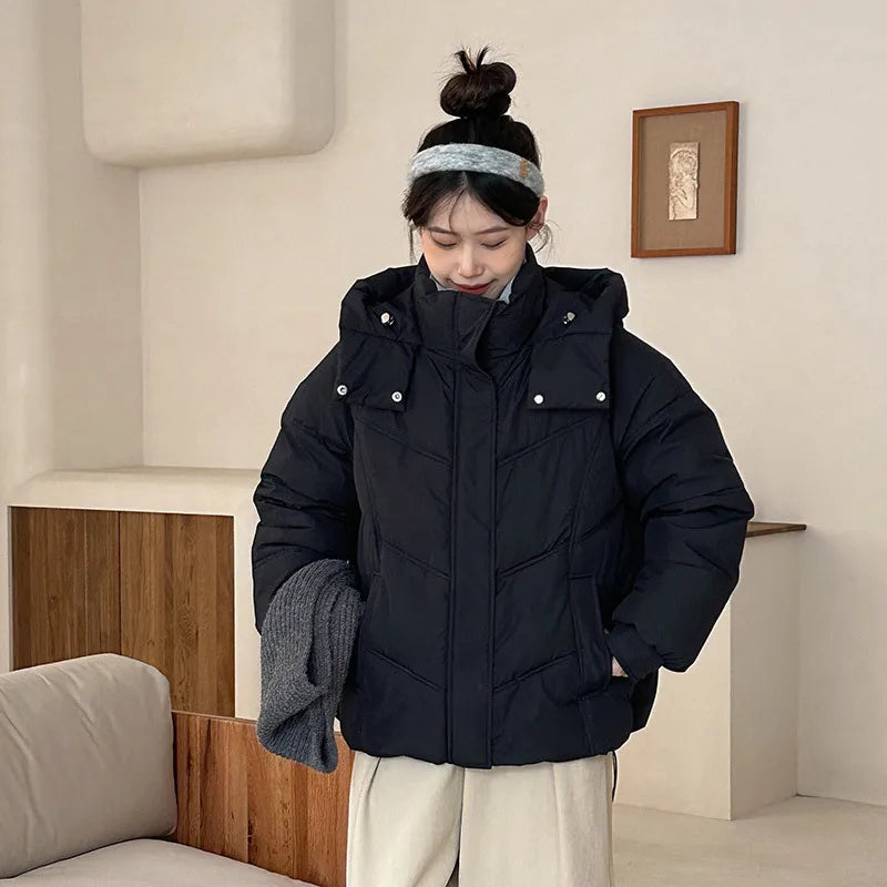 Women Parkas Thick Hooded Coats Zipper Button Spliced Jackets Warm Casual Loose Solid Coat Elegant Ladies Autumn Winter 6