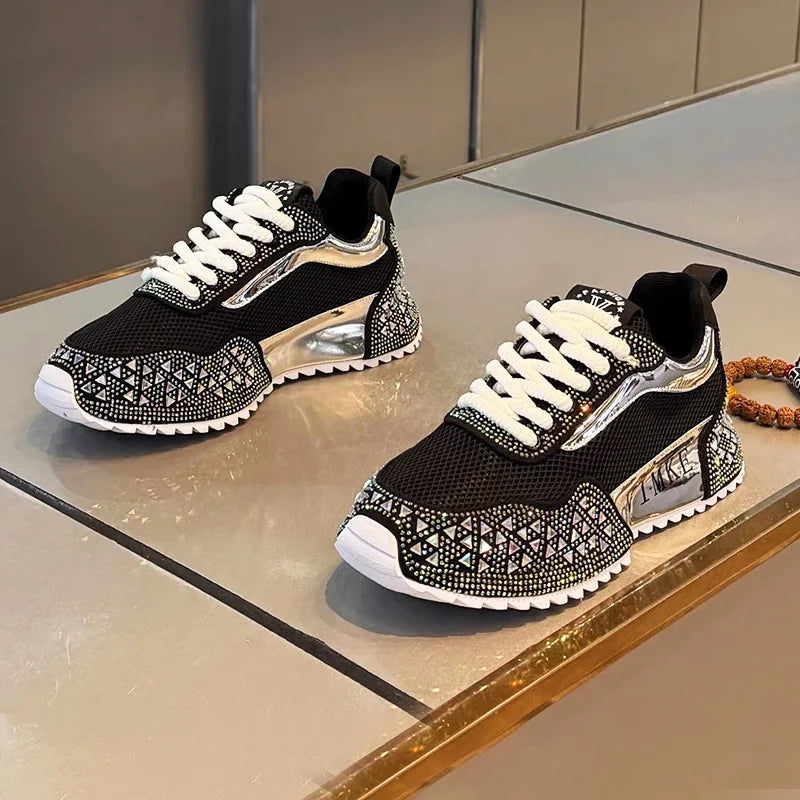 Chunky Sneakers Men Designer Bling Punk Board Shoes Fashion Casual Leather Mesh Breathable Increased Internal Platform Gym Shoes